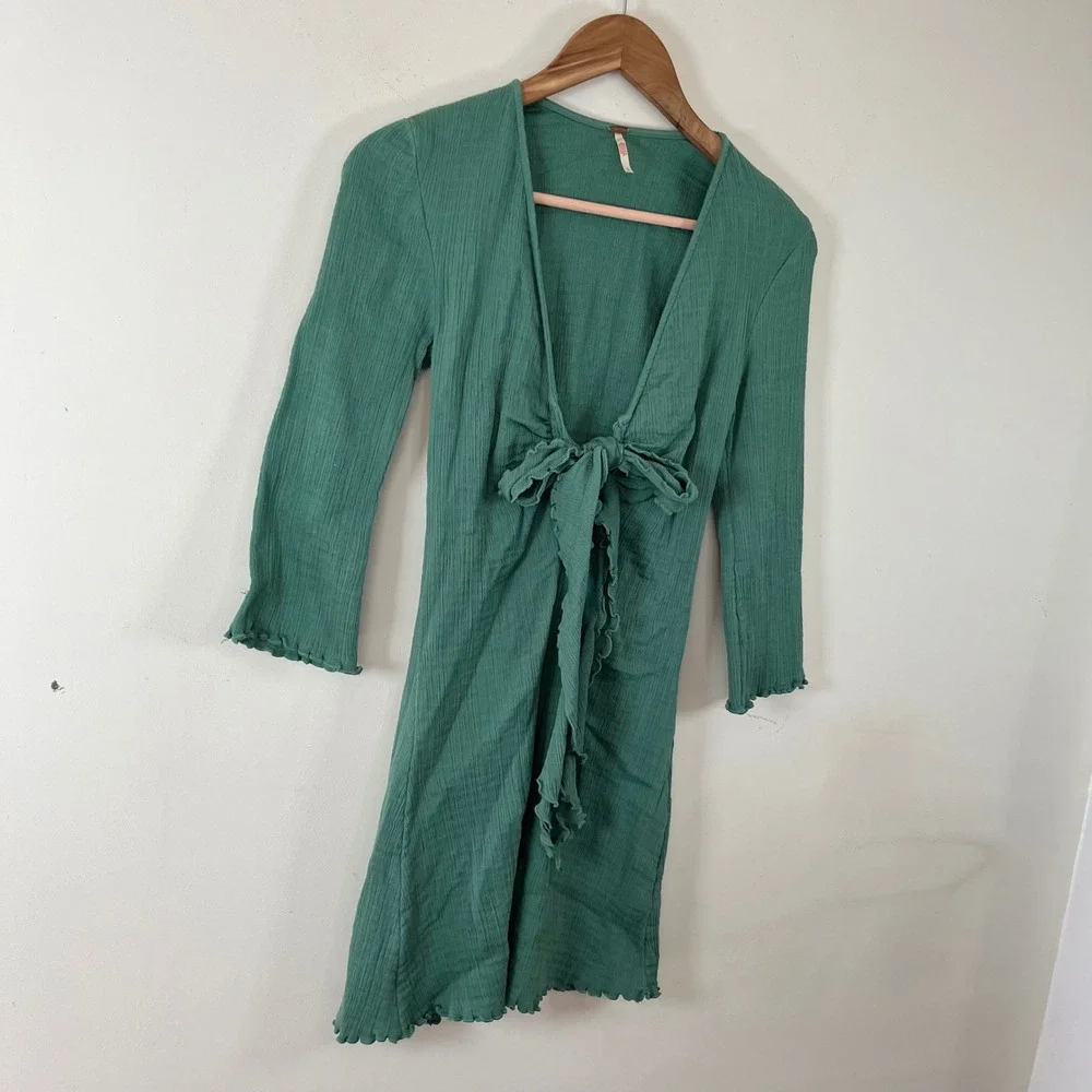 Free People Kianni Mini Dress‎ Tie Front Mermaid Green Womens Small Boho Beachy
